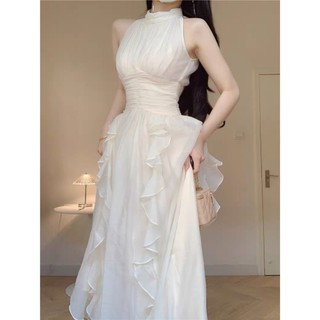 M220 - Đầm maxi voan cổ trụ không tay chiết eo viền bèo rơi nữ tính