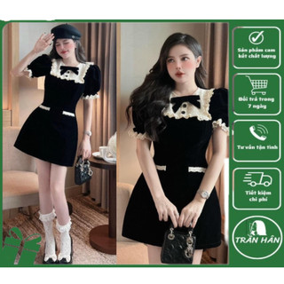 ĐẦM NHUNG NƠ CỔ PHỐI REN 3008454 Trần Hân SHop