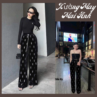  Quần Nhung Xuông phối chữ  Kim Tuyến Cạp Cao Phối Dây Xích Quần Nữ Dáng Xuông Cạp Cao Đính Đá Sang Chảnh 