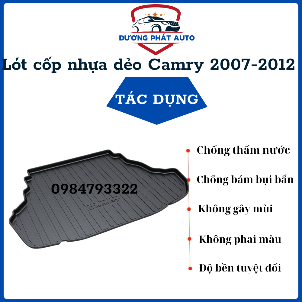 Lót cốp nhựa dẻo xe Toyota Camry 2007 - 2012 hàng nhựa TPO cao cấp LCN-TO008