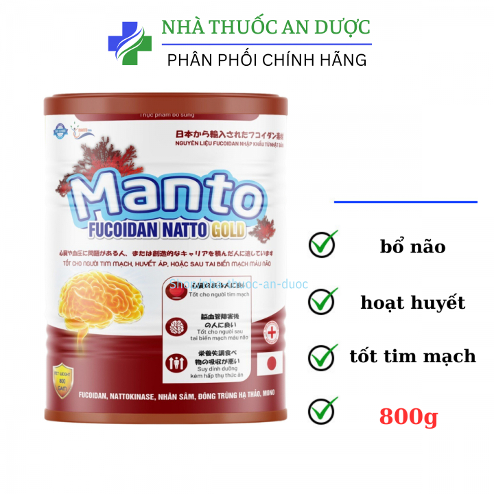 Sữa MANTO FUCOIDAN NATTO GOLD giúp cung cấp dinh dưỡng,vitamin, khoáng chất, tăng sức khỏe tốt cho tim mạch hộp 800g