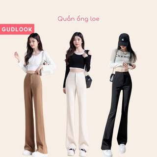 Quần Ống Loe Nữ Cạp Cao GUDLOOK Vải Trượt Co Dãn Mềm Mịn