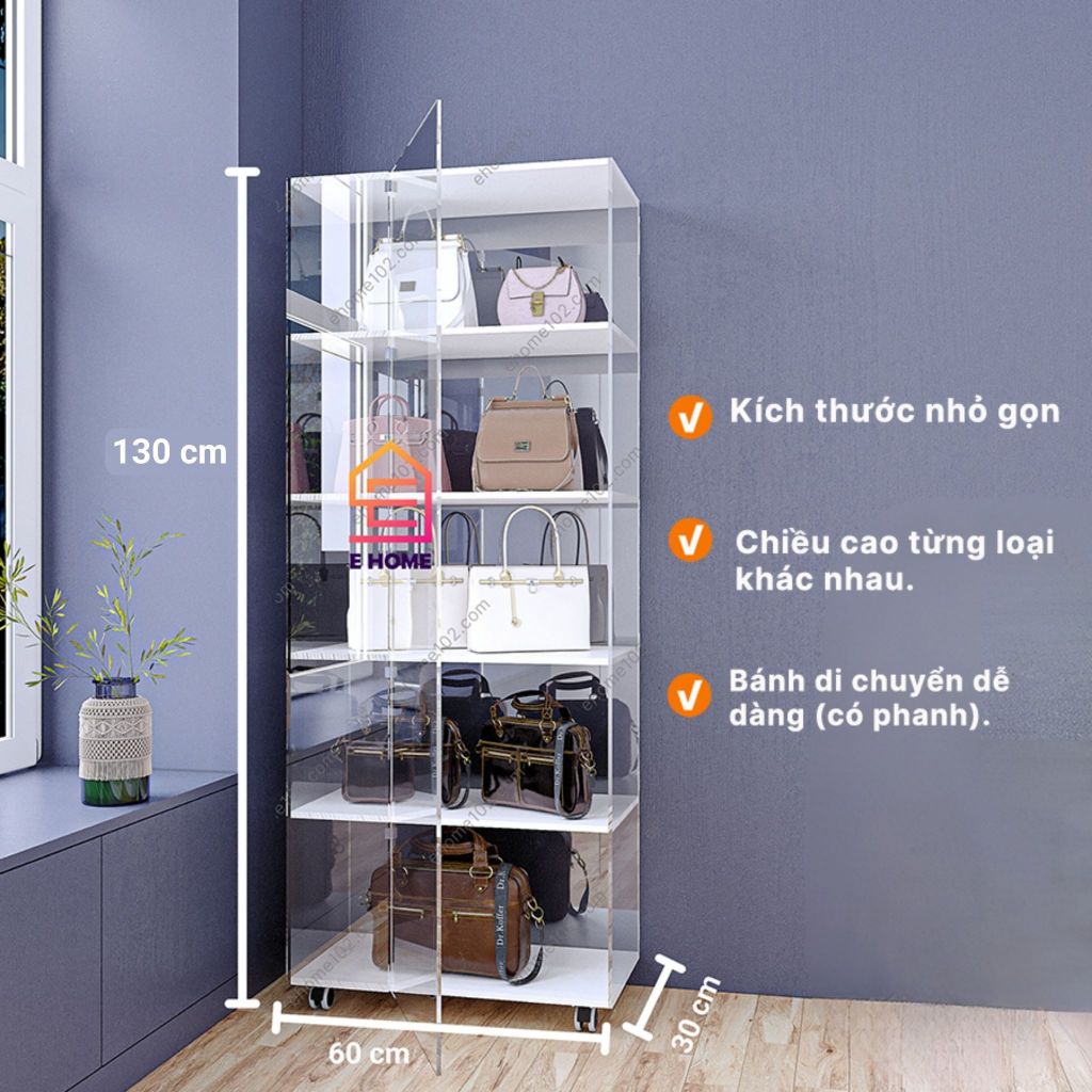 Tủ Trưng Bày Mica Trong Suốt EHOME Gỗ MGF Kết Hợp Mica Nhật Bản Độ Bền Cao Có Bánh Xe Di Chuyển Dễ Dàng