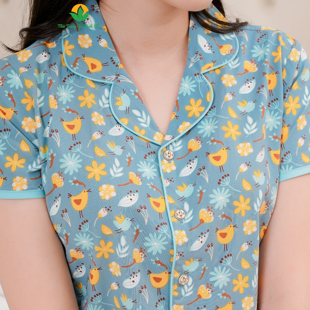 Đồ bộ mặc nhà Pijama nữ Việt Thắng chất Cotton quần dài, áo cộc tay họa tiết - B08.2403