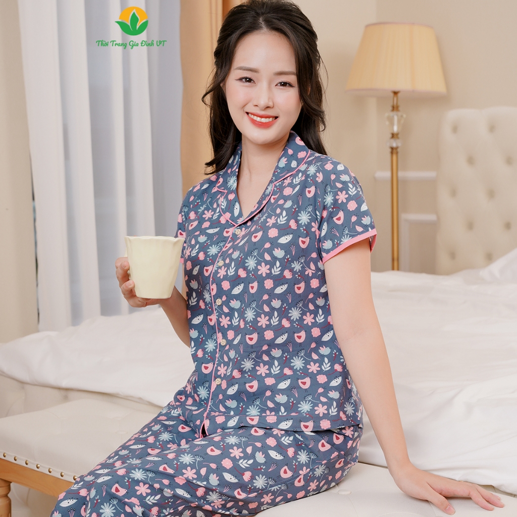 Đồ bộ mặc nhà Pijama nữ Việt Thắng chất Cotton quần dài, áo cộc tay họa tiết - B08.2403