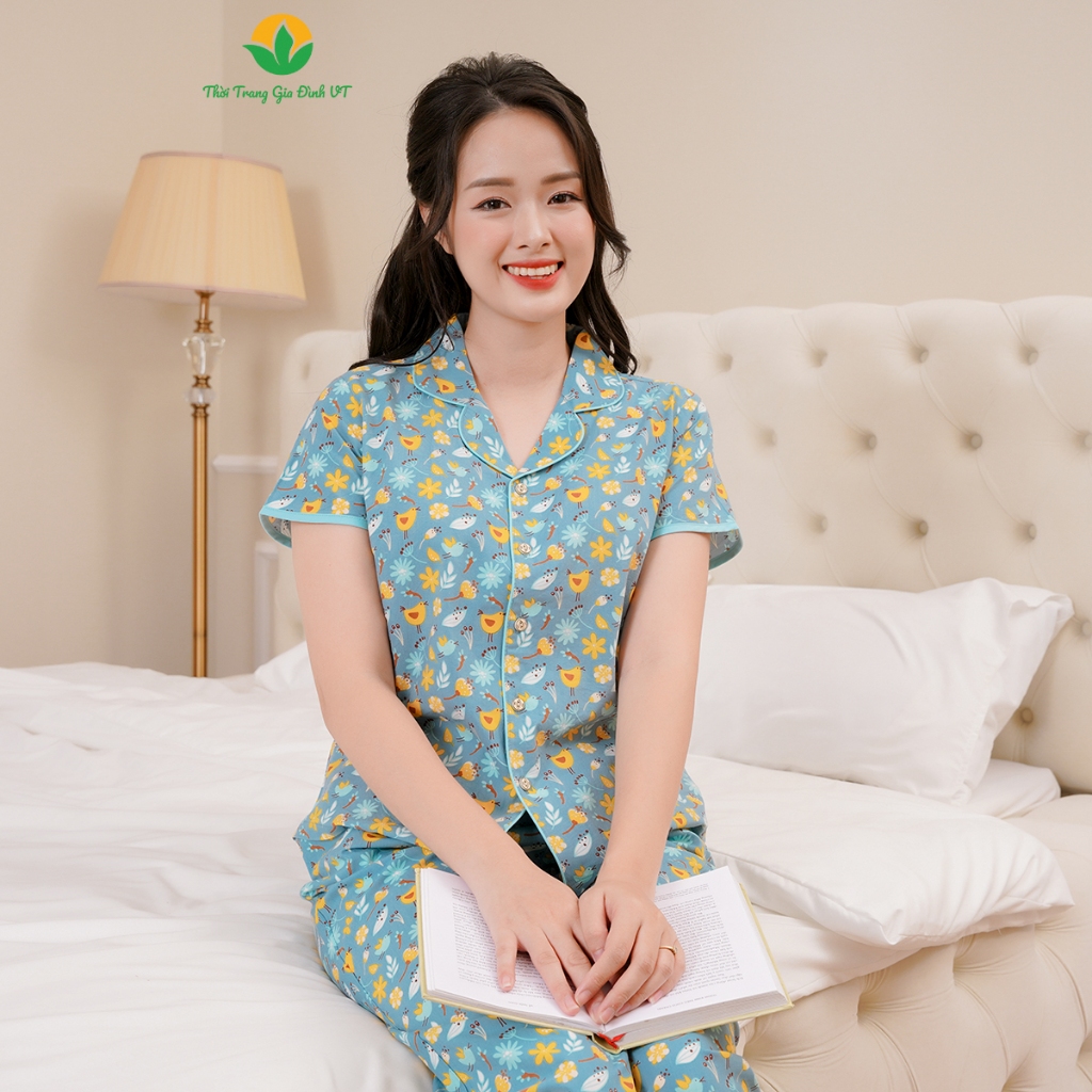 Đồ bộ mặc nhà Pijama nữ Việt Thắng chất Cotton quần dài, áo cộc tay họa tiết - B08.2403