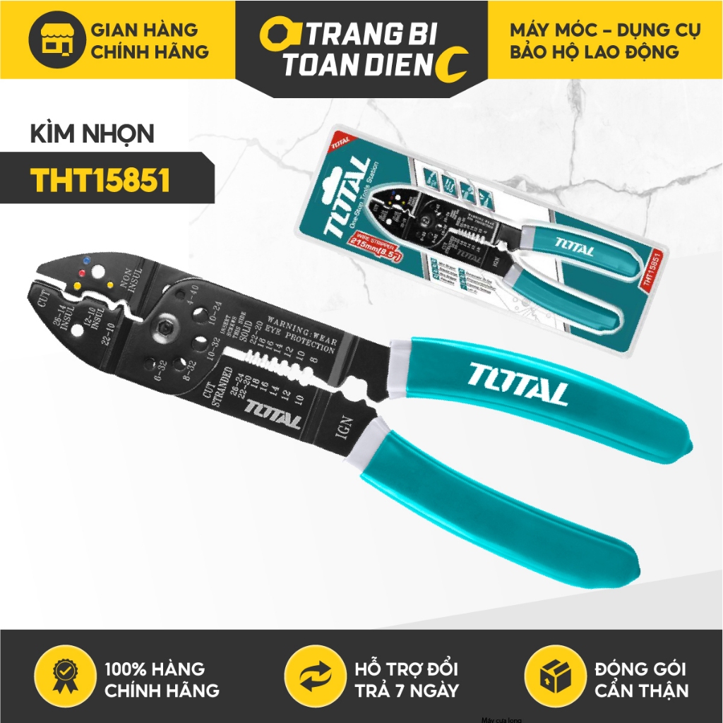 Kìm tuốt dây điện Total THT15851 kích thước 8.5" / 215mm thép CrV Kiềm bấm cos