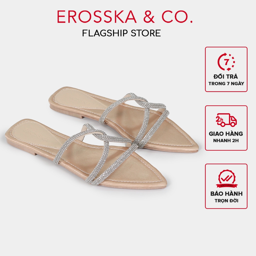 Erosska - Dép nữ thời trang đế bằng phối dây kiểu dáng sang trọng mũi nhọn màu kem - EN013