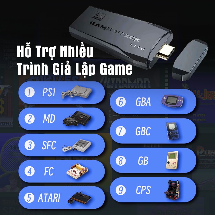 Máy Chơi Game Stick 4k HDMI 64GB 10.000 Trò Máy Chơi Game Cầm Tay Không Dây Tay Cầm Đôi Trò Chơi TV PS1/GBA/GBC-BH