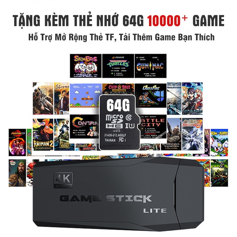 Máy Chơi Game Stick 4k HDMI 64GB 10.000 Trò Máy Chơi Game Cầm Tay Không Dây Tay Cầm Đôi Trò Chơi TV PS1/GBA/GBC-BH