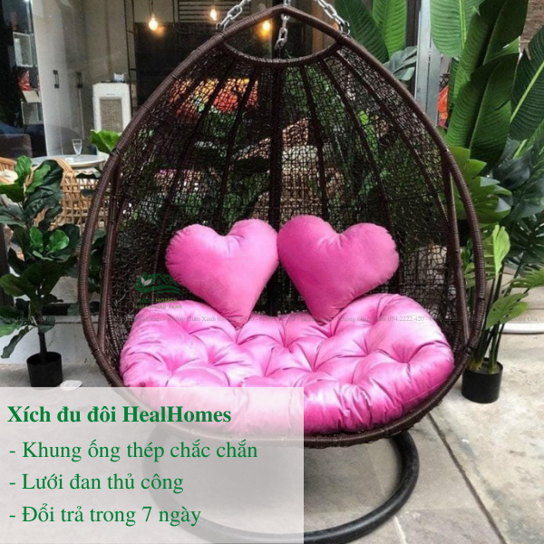 Xích đu đôi giả mây lõi thép cao cấp trang trí ban công và sân vườn, ghế thư giãn/Healhomes