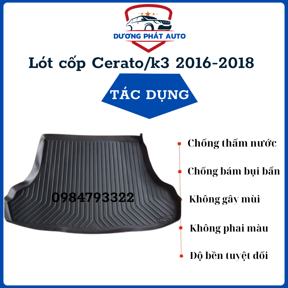 Lót cốp nhựa dẻo xe Kia K3, Cerato 2016 2017 2018 - Nhựa TPO Không mùi , không thấm nước