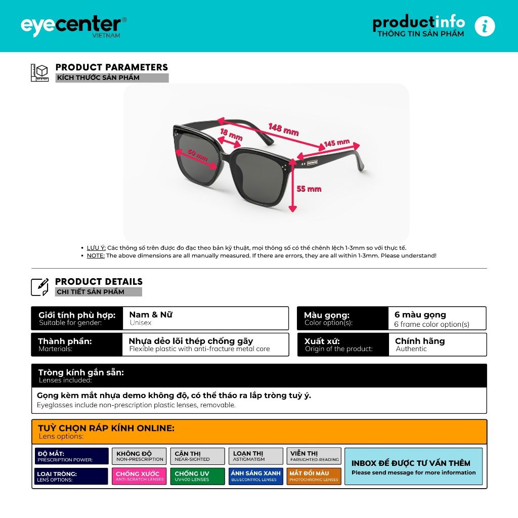 Kính mát nữ chính hãng EYECENTER S66-S nhựa dẻo siêu nhẹ nhập khẩu by Eye Center Vietnam