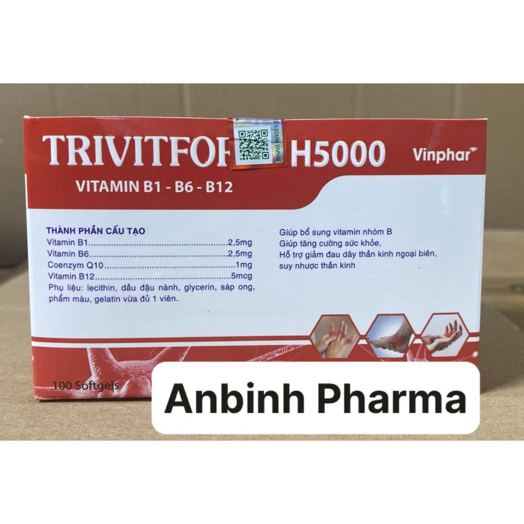 Viên bổ thần kinh 3B Trivitfort H5000 - Vinphar - Giảm triệu chứng đau dây thần kinh, tê bì chân tay - Hộp 100v