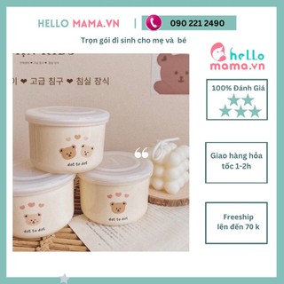 Chén sứ ăn dặm Cocobear có nắp đậy silicone và chia vạch mức cho bé họa tiết gấu