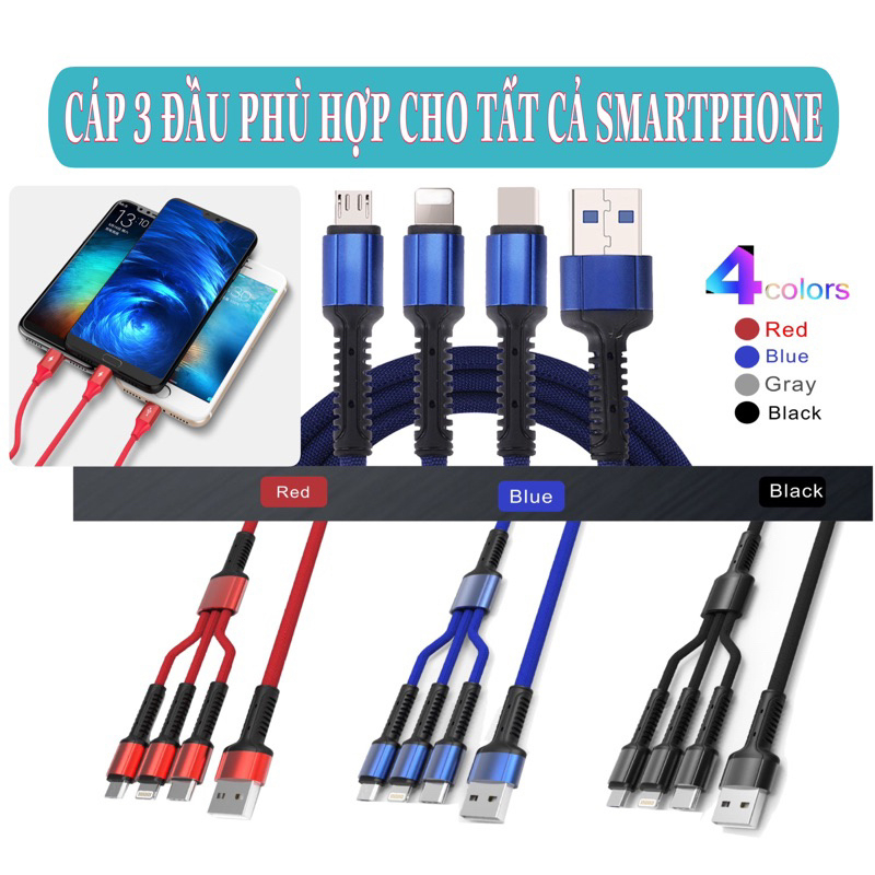 Tẩu sạc nhanh Pugan 6A thông minh kèm dây sạc 3 đầu cho các loại điện thoại dùng trên ô tô xe hơi