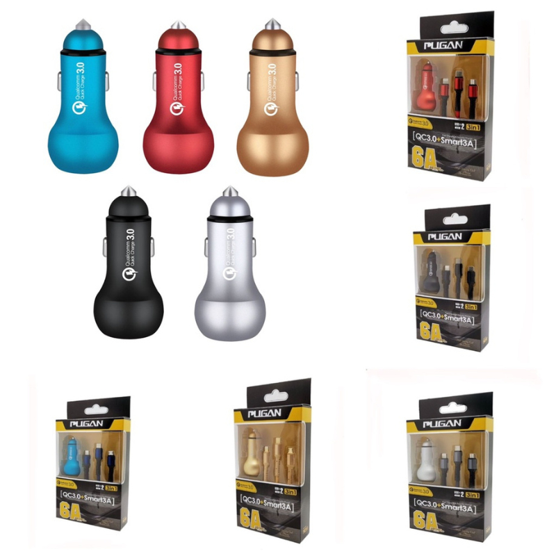 Tẩu sạc nhanh Pugan 6A thông minh kèm dây sạc 3 đầu cho các loại điện thoại dùng trên ô tô xe hơi