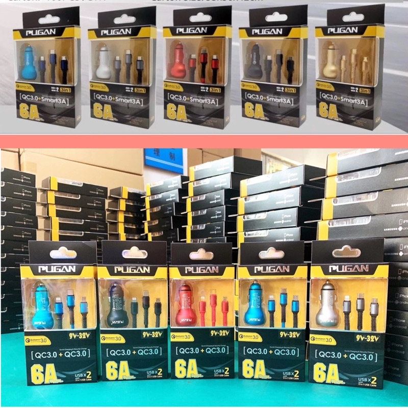 Tẩu sạc nhanh Pugan 6A thông minh kèm dây sạc 3 đầu cho các loại điện thoại dùng trên ô tô xe hơi