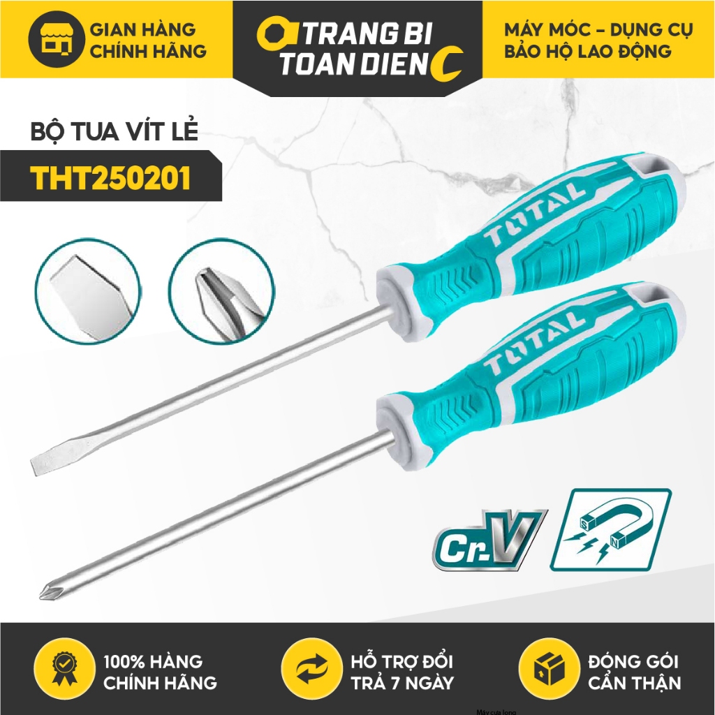 Bộ 2 tua vít Total THT250201 đầu dẹp và bake, chất liệu thép Crv cứng cáp siêu bền Tô vít 2 đầu