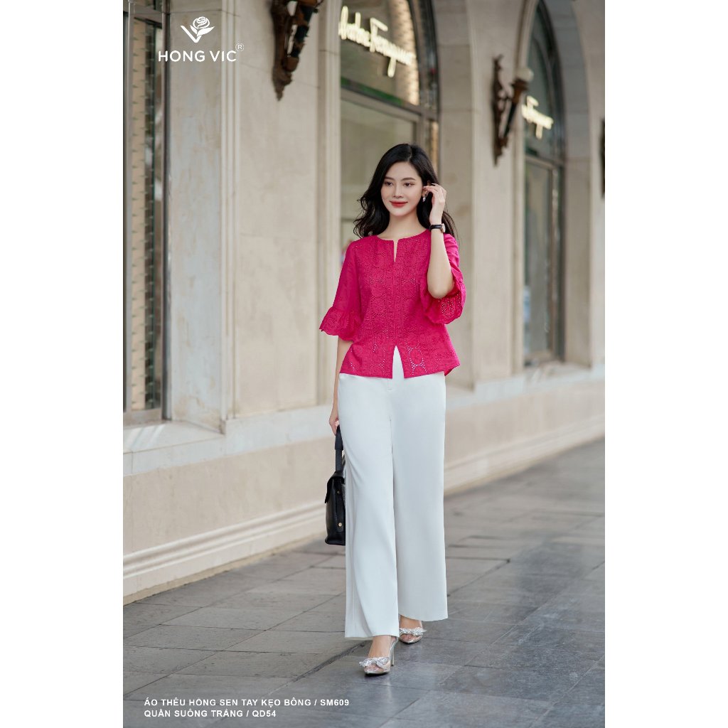 Áo thêu nữ thiết kế Hong Vic hồng sen tay kẹo bông SM609