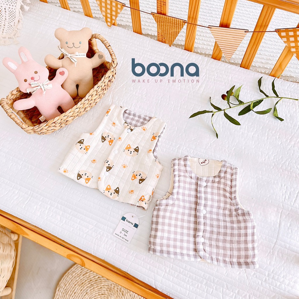 Áo Gile Trần Bông Cao Cấp Boona 2 Mặt Lớp Lót Kẻ Bên Trong Dành Cho Bé Sơ Sinh