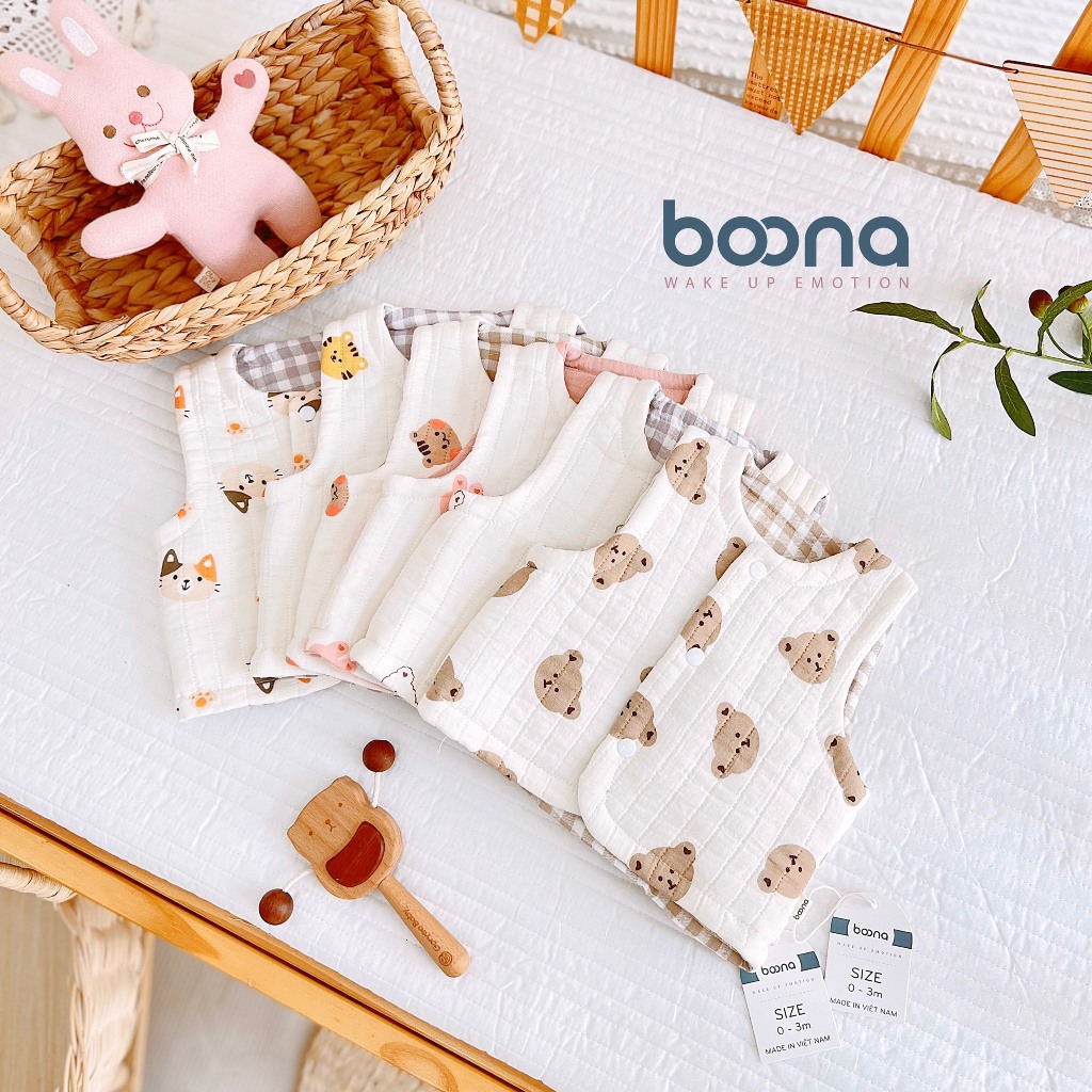 Áo Gile Trần Bông Cao Cấp Boona 2 Mặt Lớp Lót Kẻ Bên Trong Dành Cho Bé Sơ Sinh