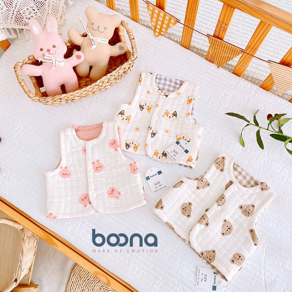 Áo Gile Trần Bông Cao Cấp Boona 2 Mặt Lớp Lót Kẻ Bên Trong Dành Cho Bé Sơ Sinh