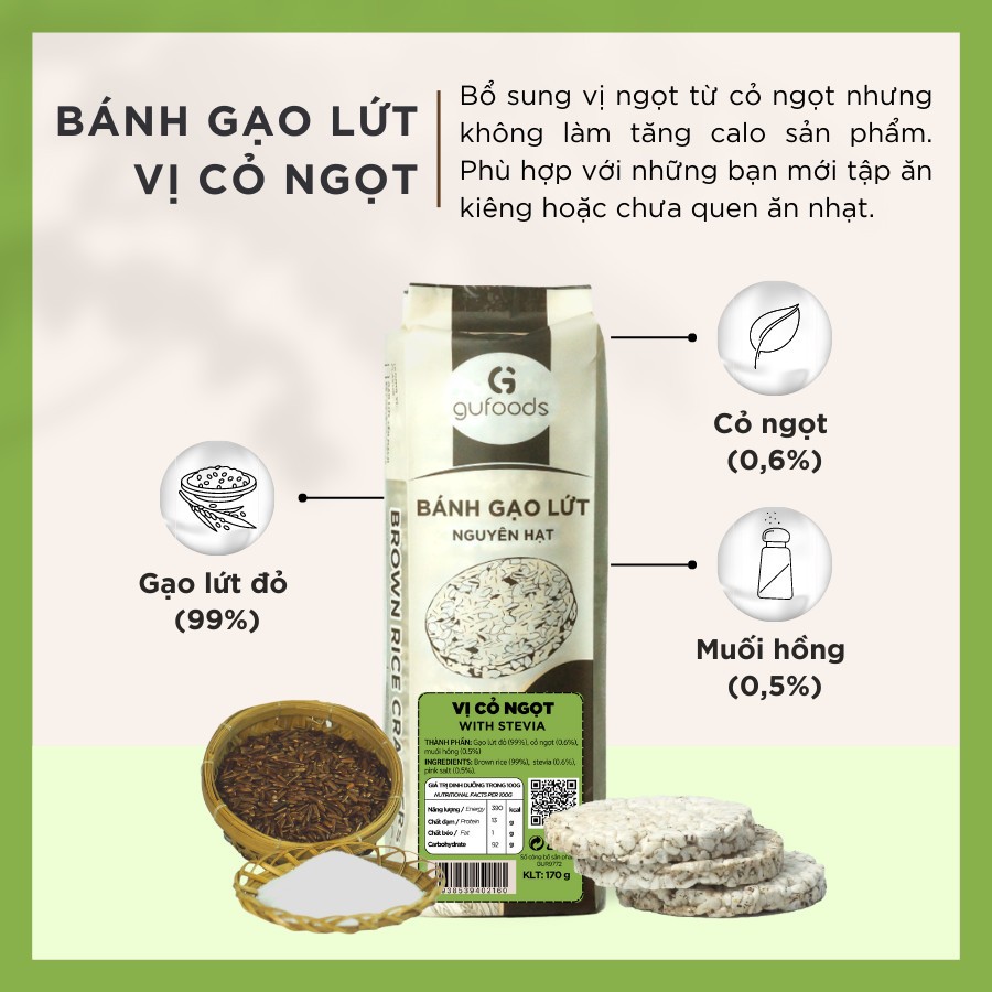 Bánh Gạo Lứt Ăn Kiêng GUfoods 170g - Vị Cỏ Ngọt - Tập gym, giảm cân, thực dưỡng, eat clean
