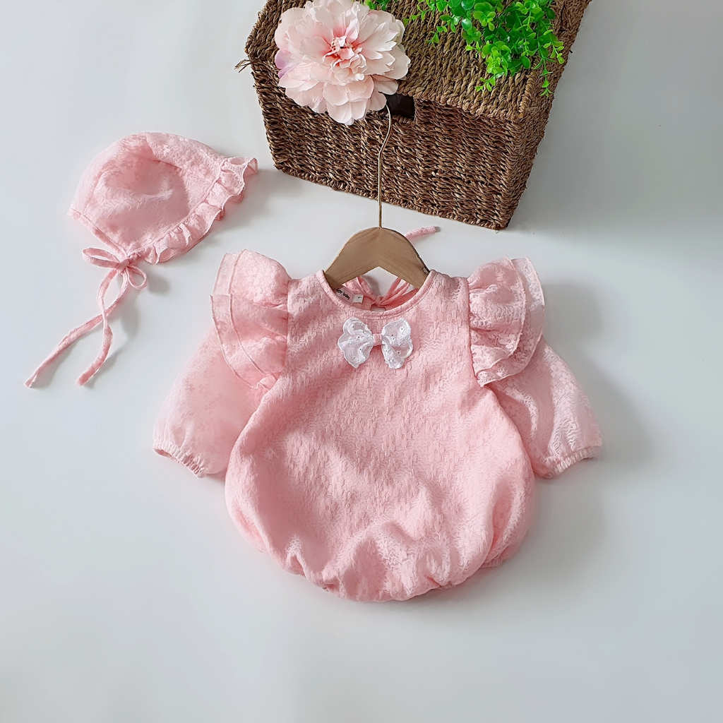 Bodysuit cho bé gái sơ sinh kèm nón chất liệu ren Nhật mềm mát ⚡𝗙𝗥𝗘𝗘𝗦𝗛𝗜𝗣⚡ Set body trẻ em thiết kế cổ tàu siêu dễ thương