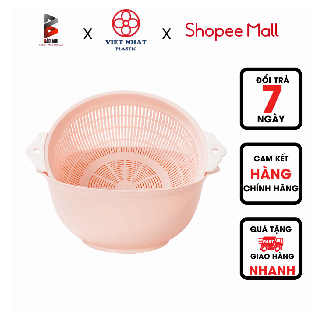 Rổ tai 2 lớp Việt Nhật (3391), rổ kèm chậu rửa rau củ, hoa quả đa năng