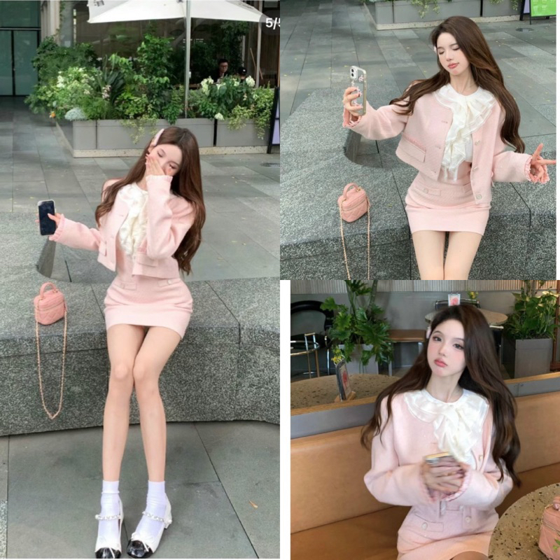 SET 3 MÓN: SƠ MI CROP TRẮNG KÈM GILE CARO DẠ NGOÀI + CHÂN VÁY ĐEN