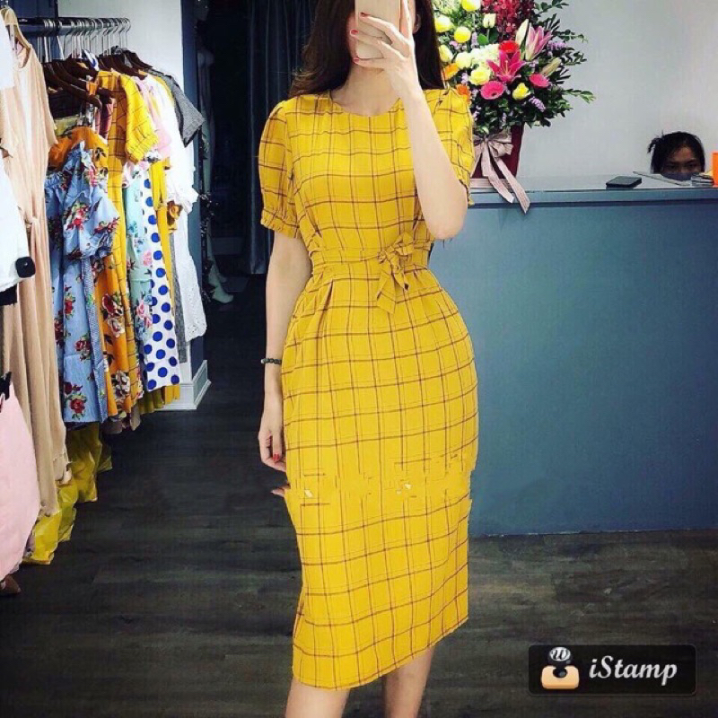 Pass Đầm midi caro tay phồng Quảng Châu cao cấp