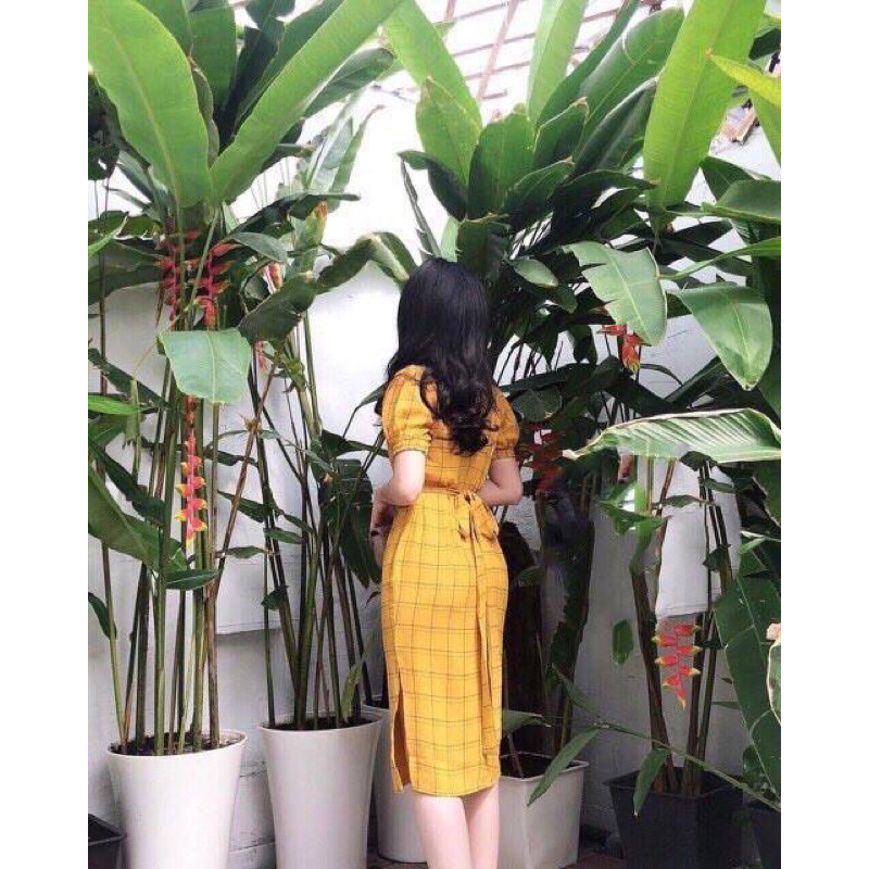 Pass Đầm midi caro tay phồng Quảng Châu cao cấp