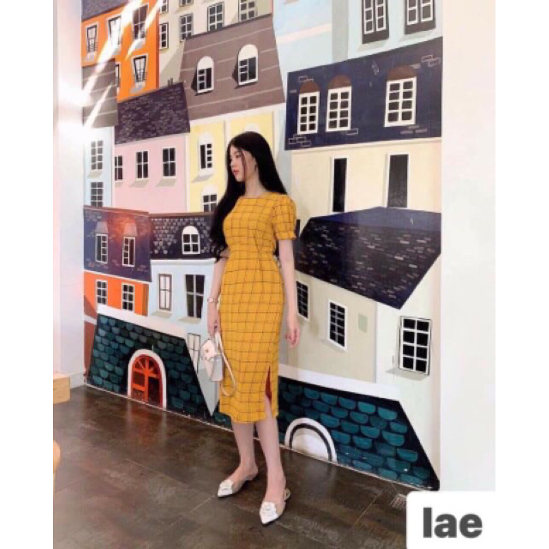 Pass Đầm midi caro tay phồng Quảng Châu cao cấp