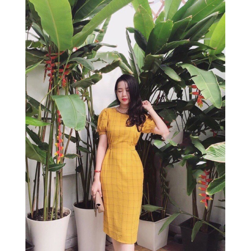 Pass Đầm midi caro tay phồng Quảng Châu cao cấp