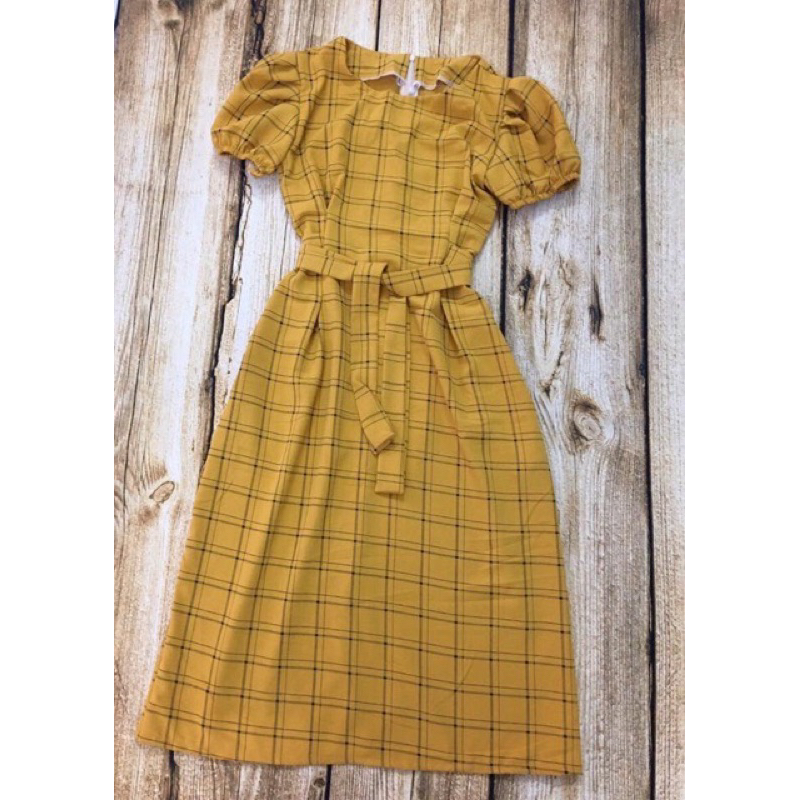 Pass Đầm midi caro tay phồng Quảng Châu cao cấp