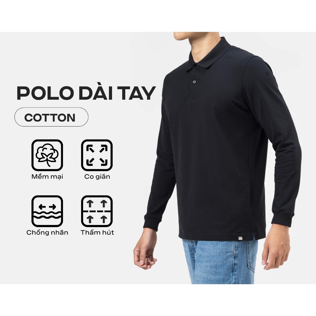 Áo Polo nam màu đen dài tay Essentials mềm mịn bền màu - Thương hiệu Coolmate