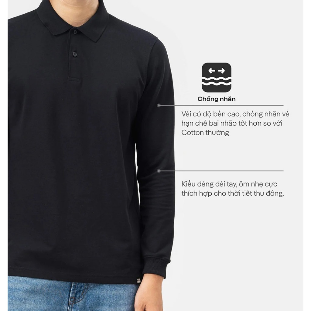Áo Polo nam màu đen dài tay Essentials mềm mịn bền màu - Thương hiệu Coolmate