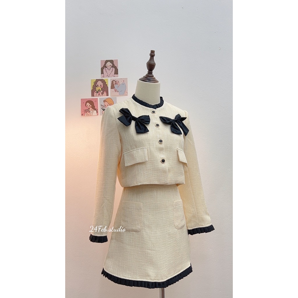 Set áo dạ tweed phối nơ kèm chân váy A viền beo phong cách ulzzang Hàn Quốc