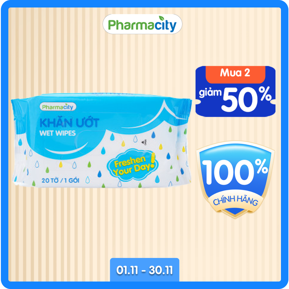 Khăn ướt Pharmacity màu xanh 20 tờ gói