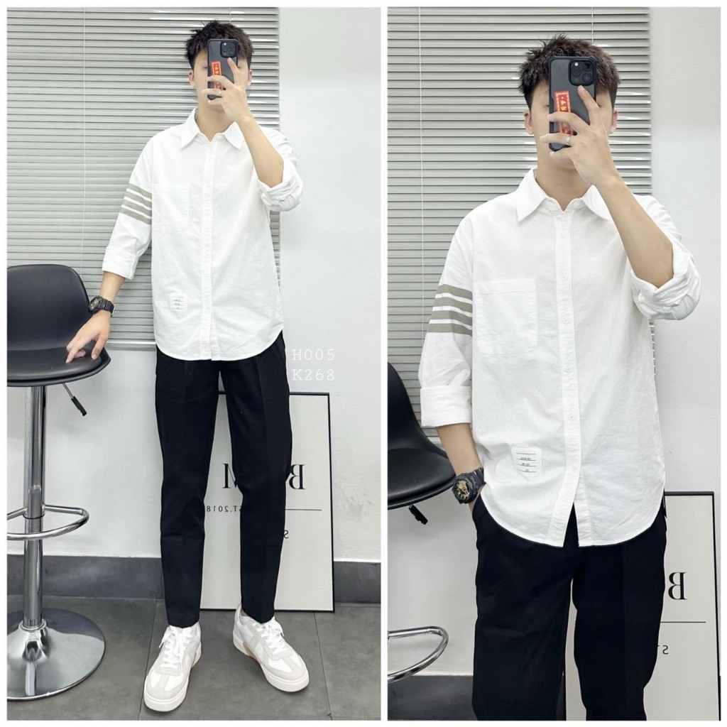 Áo sơ mi nam dài tay phối viền sọc chất cotton lạnh cao cấp chuẩn form 0091
