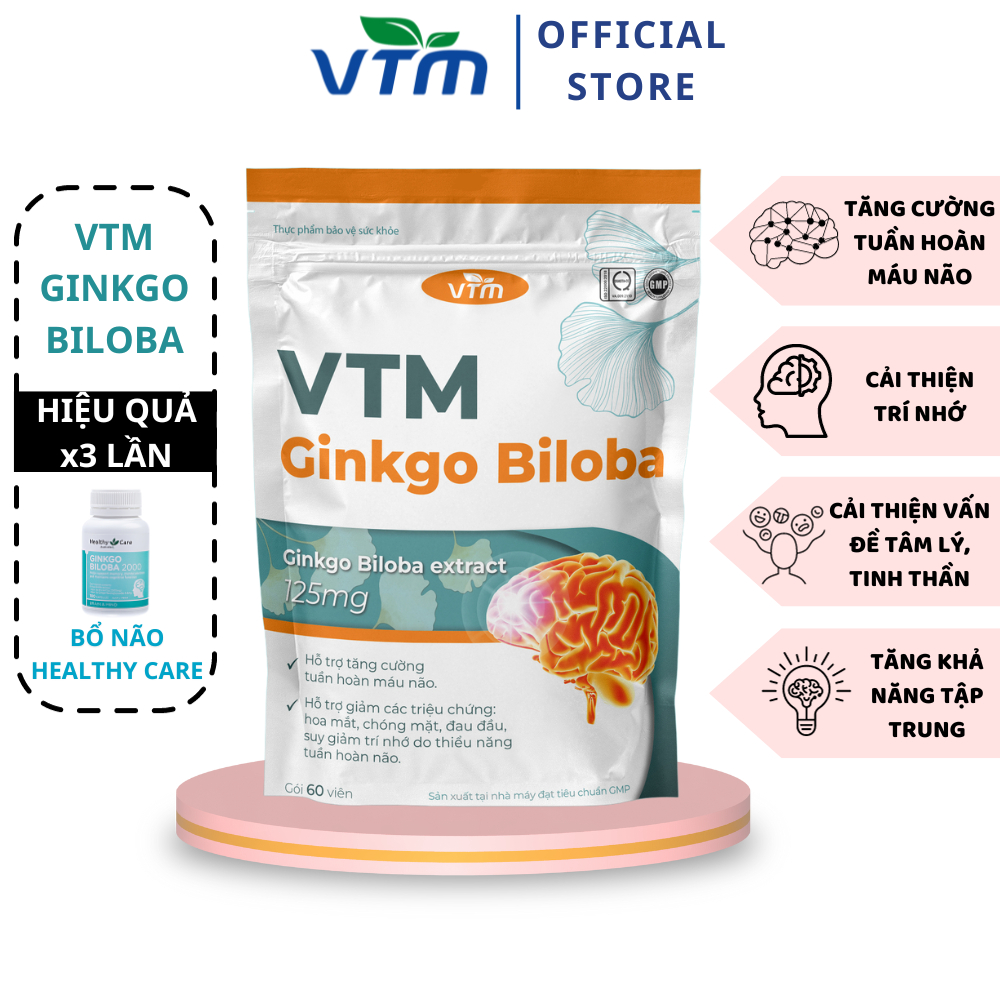 Viên uống bổ não VTM Ginkgo Biloba cải thiện trí nhớ tăng cường tư duy - túi 60 viên