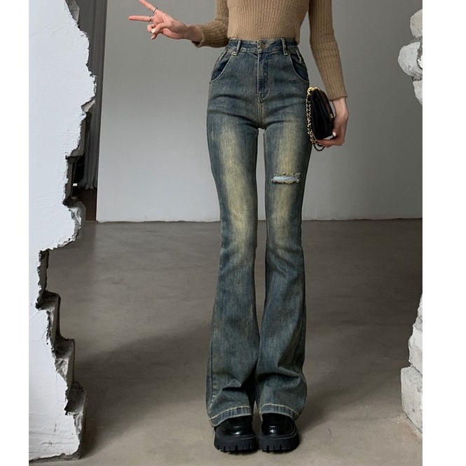 Quần Bò Nữ Ống Loe Xanh Rêu Đơn Giản Chất CO Giãn Nhẹ Cực Xinh, Quần Jeans Nữ HotHit H01