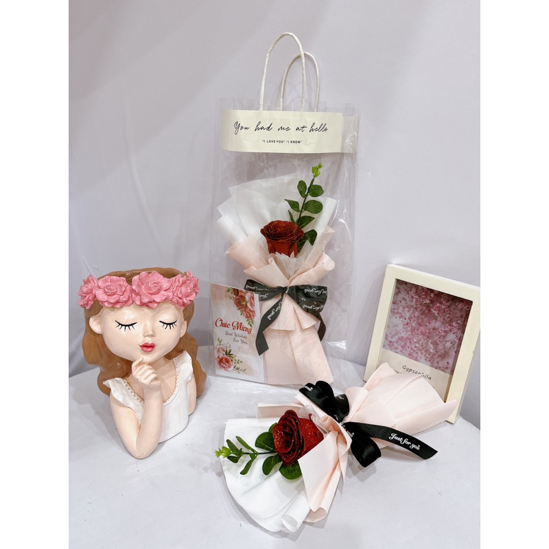 Set hoa sáp nhũ 1 bông giấy không nhăn kèm túi thiệp tặng 8/3 20/10 20/11