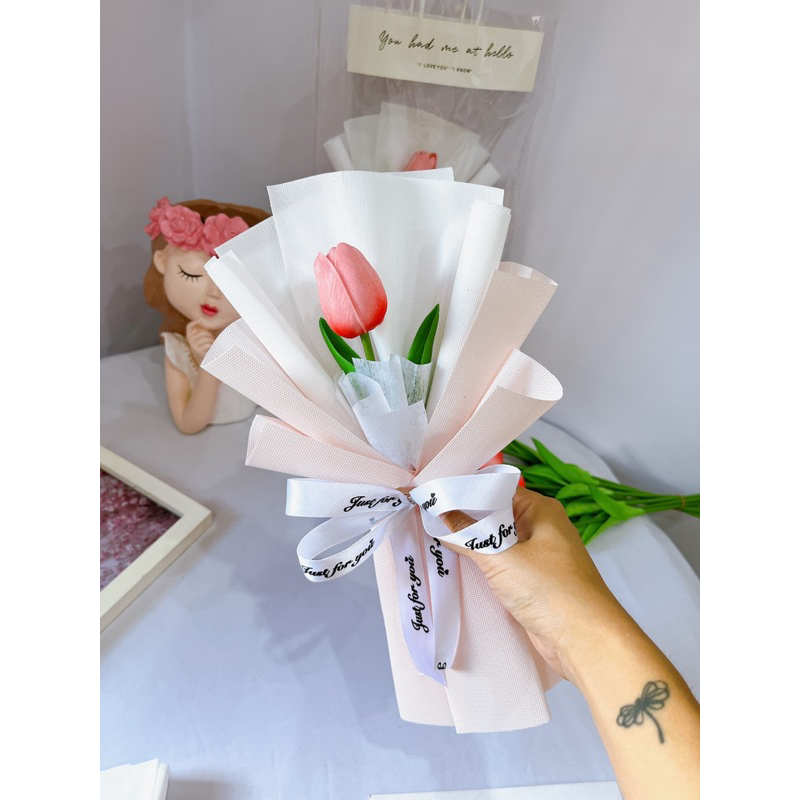 Set hoa sáp nhũ 1 bông giấy không nhăn kèm túi thiệp tặng 8/3 20/10 20/11