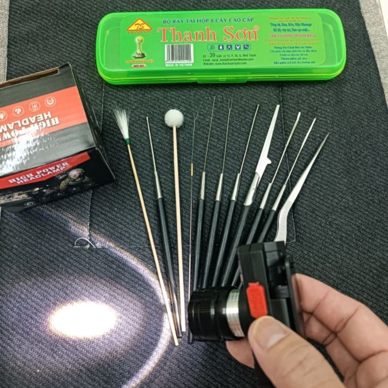 combo bộ ráy tai thanh Sơn 11 món mài chuốt & đèn led lấy rái tai