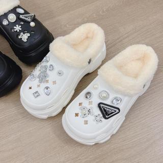 Dép nữ 3TDEP, dép sục Crocs lót lông cún, đá dây xích độn đế 7cm tặng kèm sticker