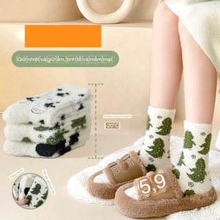 TLB05 Tất chân vớ cổ cao nữ len bông tất lông cừu xù giữ ấm cổ viền trắng hoạ tiết hình tim