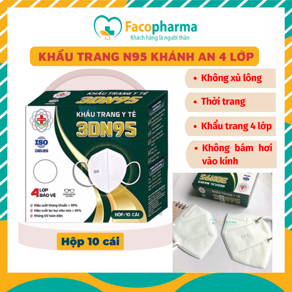 Khẩu trang N95 chính hãng Khánh An 4 lớp kháng khuẩn chống bụi mịn 3DN95 Khánh An hộp 10 cái KA3DN95O