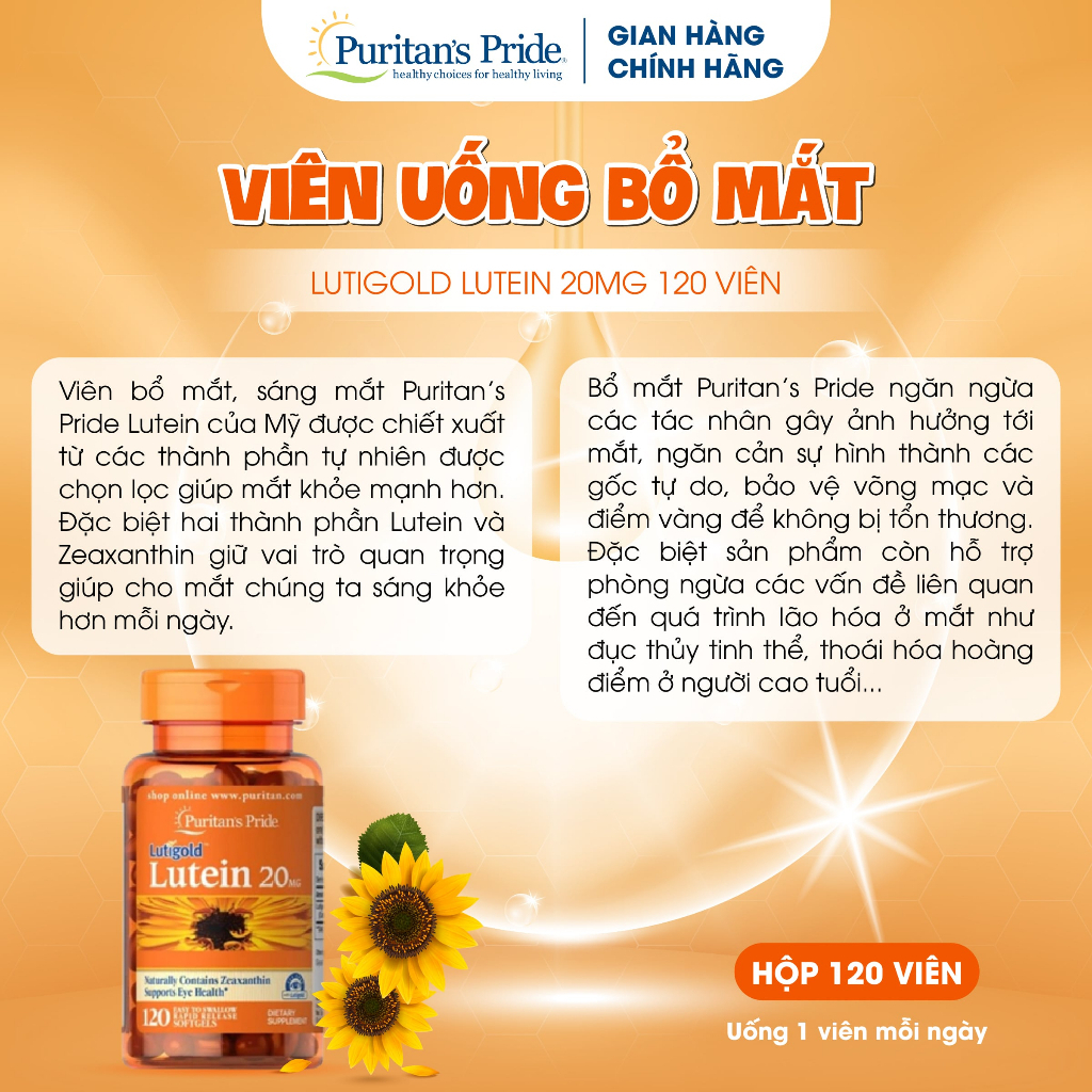 Viên uống tăng cường thị lực, chống ánh sáng xanh Lutein 20mg Puritan's Pride 60-120 viên